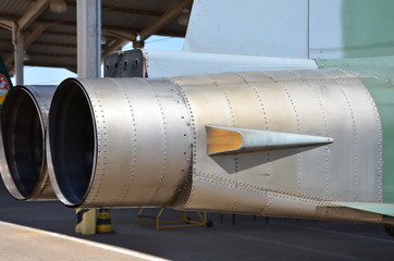 Military jet exhaust. Aircraft exhaust and nozzle detail. External view detailed.