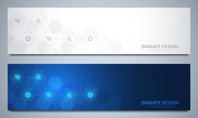 Banners design template for technological and medical decoration with flat icons and symbols. Science, medicine and innovation technology concept.