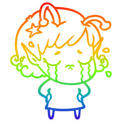 rainbow gradient line drawing cartoon crying alien girl