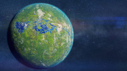 Fototapeta na wymiar jungle exoplanet, green and biologically active alien planet in a distant star system (3d space rendering)