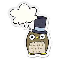cartoon owl wearing top hat and thought bubble as a printed sticker