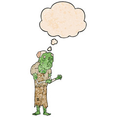 cartoon zombie and thought bubble in grunge texture pattern style