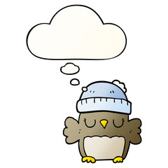 cute cartoon owl in hat and thought bubble in smooth gradient style