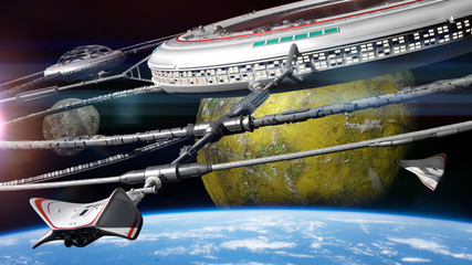 Space station and spaceships in orbit of a habitable alien planet, finding life in deep space (3d exoplanet illustration)