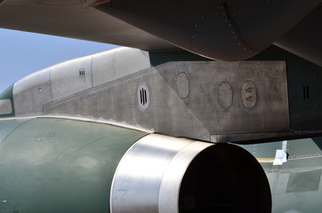 Military jet exhaust. Aircraft exhaust and nozzle detail. External view detailed.