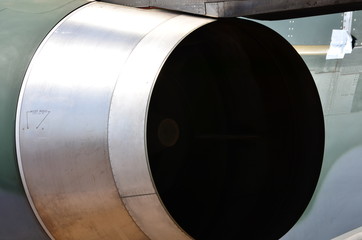 Military jet exhaust. Aircraft exhaust and nozzle detail. External view detailed.