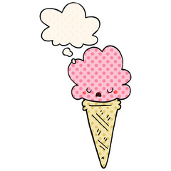 cartoon ice cream with face and thought bubble in comic book style