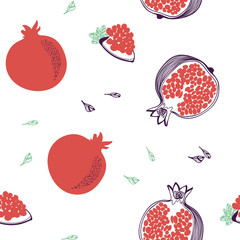 Seamless pattern of pomegranate. Whole, half. Vector hand drawn illustration set in modern trendy flat style for web, print posters and wallpapers