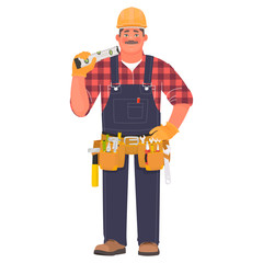 Builder man in a hard hat and with tools. Foreman or construction worker on a white background