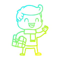 cold gradient line drawing cartoon laughing man holding gift
