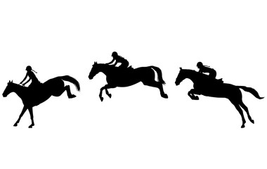 Horse rider jump in three steps, Jumping show. Equestrian sport. High quality silhouettes