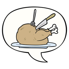 cartoon cooked turkey being carved and speech bubble