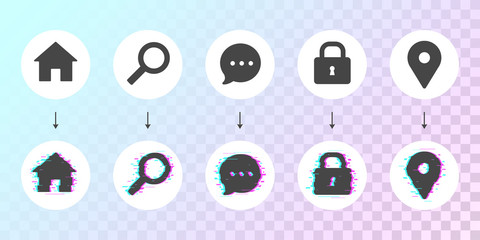 Icon Set with Glitched Hovers. Theme for Actions.