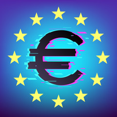 Euro glitched symbol with gold stars circle