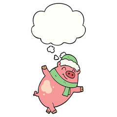 cartoon pig wearing christmas hat and thought bubble
