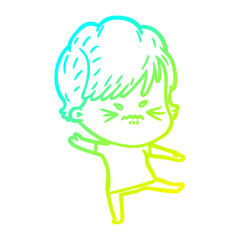 cold gradient line drawing cartoon frustrated woman