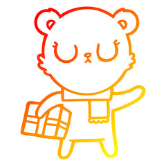warm gradient line drawing peaceful cartoon polar bear with christmas gift