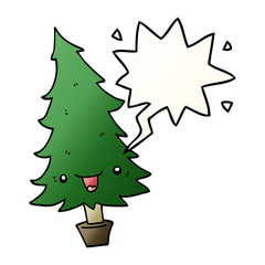 cute cartoon christmas tree and speech bubble in smooth gradient style