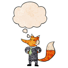 cartoon fox businessman and thought bubble in grunge texture pattern style
