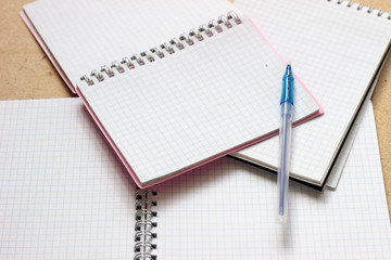 School notebook, blank sheet, ready to write, take notes and study. White notebook sheets. White pages of notebook with pen. White pages of notebook