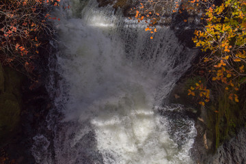 Fototapeta na wymiar Top view of beautiful waterfall with colorful trees in autumn forest.