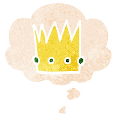 cartoon crown and thought bubble in retro textured style