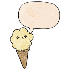 cartoon ice cream and speech bubble in retro texture style