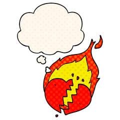 cartoon flaming heart and thought bubble in comic book style