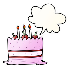 cartoon birthday cake and speech bubble in smooth gradient style