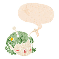cartoon alien space girl face and speech bubble in retro textured style