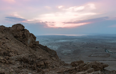 Sunrise  view of the Dead Sea from the path leading up to the ruins of the fortress of Masada