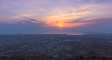 Sunrise  view of the Dead Sea from the path leading up to the ruins of the fortress of Masada