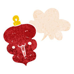 cartoon christmas decoration bauble and speech bubble in retro textured style