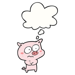 cartoon nervous pig and thought bubble