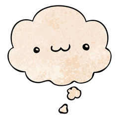 happy cartoon expression and thought bubble in grunge texture pattern style