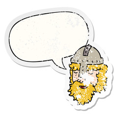 cartoon viking face and speech bubble distressed sticker