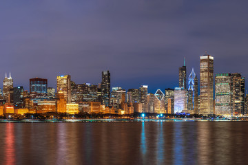Fototapeta na wymiar Chicago Cityscape river side along Lake Michigan at beautiful twilight time, Illinois, United States, Business Architecture and building with tourist concept