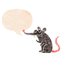 cartoon rat and speech bubble in retro textured style