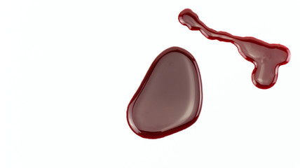 Red blood drops on a white background, Top view Blank for design.