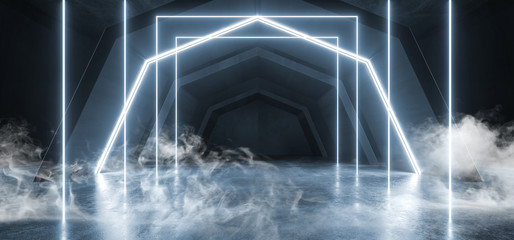 Smoke Futuristic Sci Fi Arch Blue Laser Neon Lights Glowing Dark Grunge Reflective Concrete Tunnel Corridor Hallway Alien Spaceship Virtual Reality Empty Background 3D Rendering