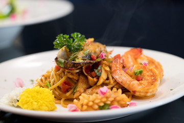 Spaghetti with seafood on a plate