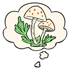 cartoon mushrooms and thought bubble in comic book style