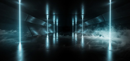 Smoke Sci Fi Neon  Vertical Lights Futuristic Glowing Blue Laser Night Show Tunnel Corridor Reflective Concrete Alien Spaceship Shapes Dark Background 3D Rendering © IM_VISUALS