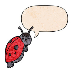 cute cartoon ladybug and speech bubble in retro texture style