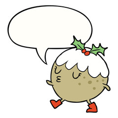 cartoon christmas pudding walking and speech bubble