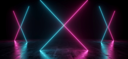 Naklejka premium Virtual Neon Laser Glowing Purple Blue Vibrant Show Night Dark Empty Grunge Concrete Shaped Lights Bright Reflection Glossy Alien Spaceship Underground Garage Tunnel 3D Rendering