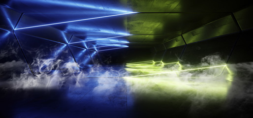 Smoke Neon Lights Futuristic Sci Fi Vibrant Blue Green Yellow  Dark Background Graphic Corridor Tunnel Spaceship Alien Garage Underground Shaped Lasers Glowing Grunge Concrete 3D Rendering