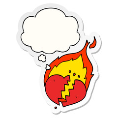 cartoon flaming heart and thought bubble as a printed sticker