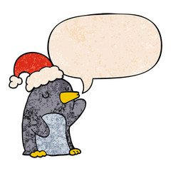 cute cartoon christmas penguin and speech bubble in retro texture style