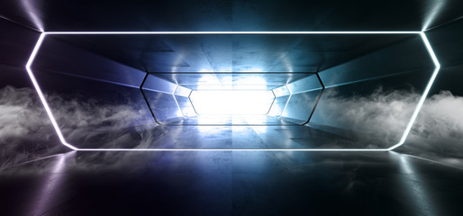 Smoke Fog Sci Fi Futuristic Spaceship Virtual White Blue Purple Glowing Reflective Grunge Concrete Tunnel Corridor Elegant Dark Background Future 3D Rendering